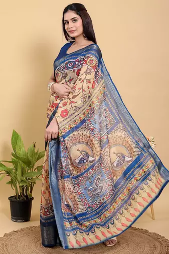 Yellow printed art silk designer pallu saree