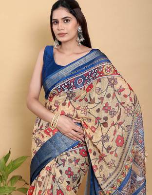 Yellow printed art silk designer pallu saree 5