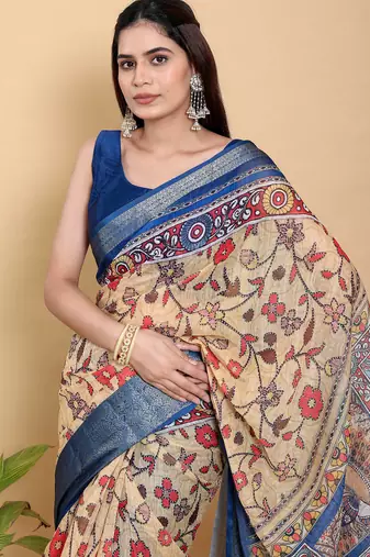 Yellow printed art silk designer pallu saree