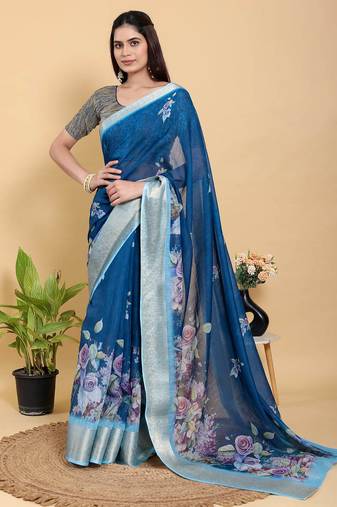 Blue printed art silk designer pallu saree