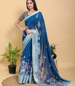 Blue printed art silk designer pallu saree