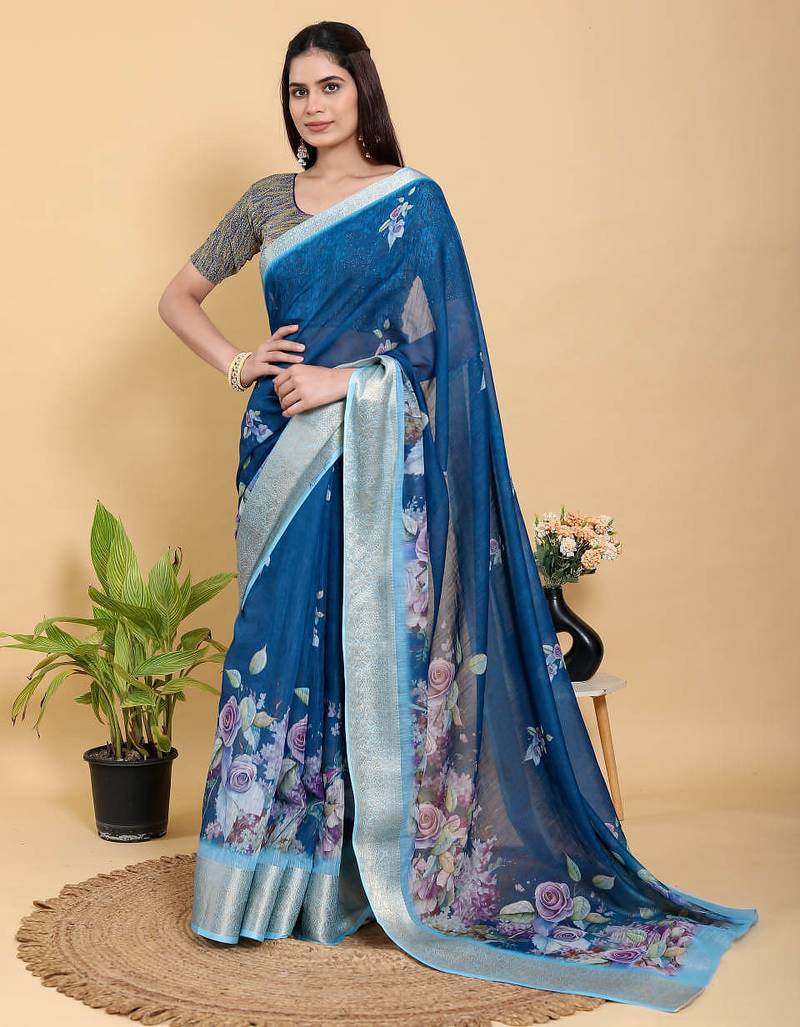 Blue printed art silk designer pallu saree
