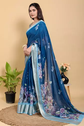 Blue printed art silk designer pallu saree