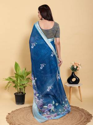 Blue printed art silk designer pallu saree 3