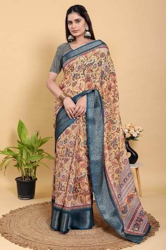Mustard printed art silk designer pallu saree