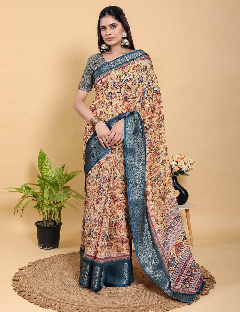 Mustard printed art silk designer pallu saree