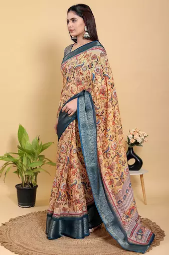 Mustard printed art silk designer pallu saree