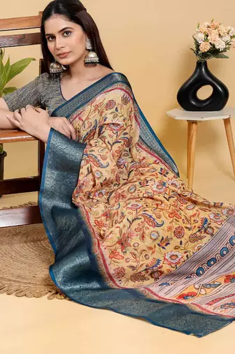 Mustard printed art silk designer pallu saree