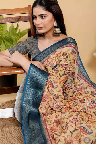 Mustard printed art silk designer pallu saree