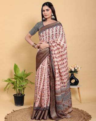 Peach printed art silk designer pallu saree 1