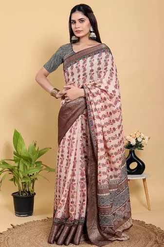 Peach printed art silk designer pallu saree