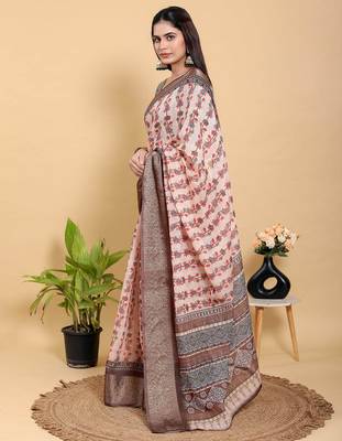 Peach printed art silk designer pallu saree 2