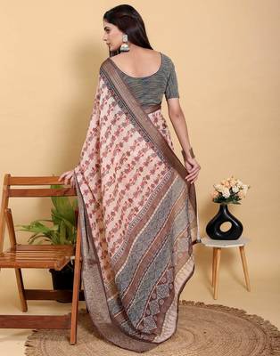 Peach printed art silk designer pallu saree 3