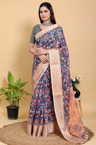 Blue printed art silk designer pallu saree