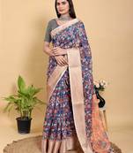 Blue printed art silk designer pallu saree