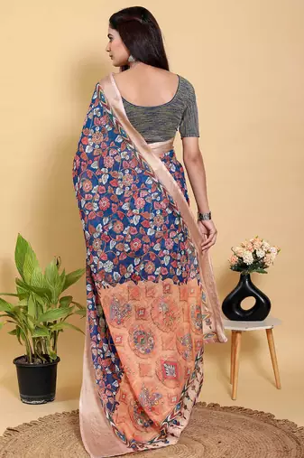Blue printed art silk designer pallu saree