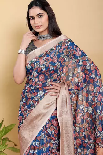 Blue printed art silk designer pallu saree