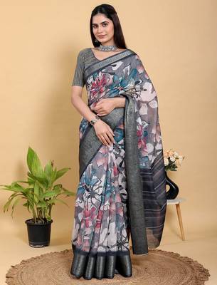 Grey printed art silk designer pallu saree 1
