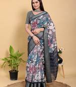 Grey printed art silk designer pallu saree