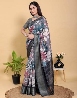 Grey printed art silk designer pallu saree 2