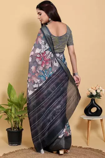 Grey printed art silk designer pallu saree
