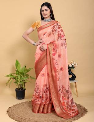 Peach printed art silk designer pallu saree 1