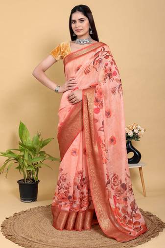 Peach printed art silk designer pallu saree