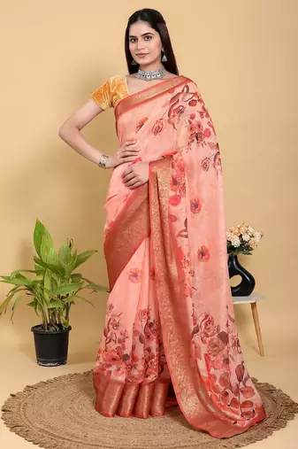 Peach printed art silk designer pallu saree