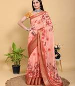 Peach printed art silk designer pallu saree