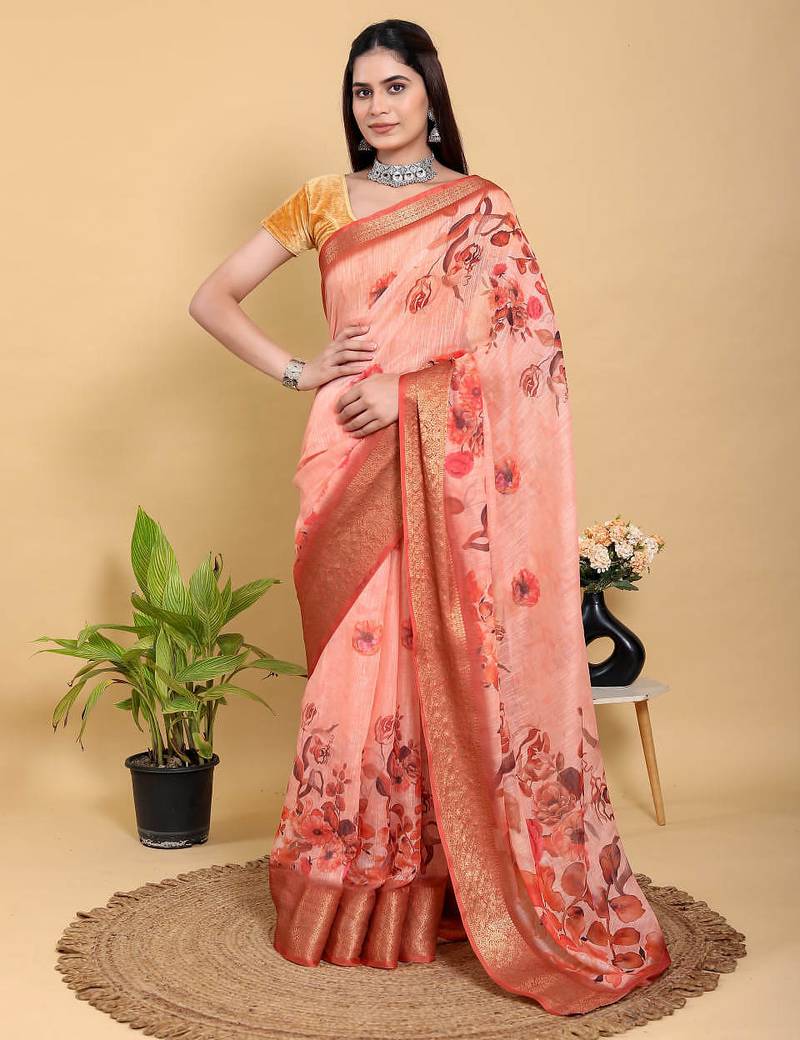 Peach printed art silk designer pallu saree