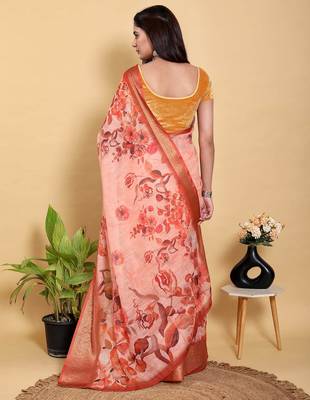 Peach printed art silk designer pallu saree 3