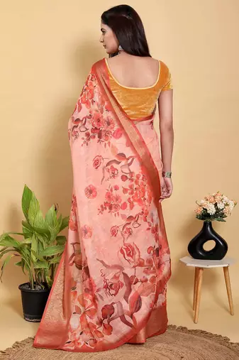 Peach printed art silk designer pallu saree