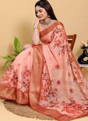 Peach printed art silk designer pallu saree 4