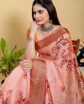 Peach printed art silk designer pallu saree 5