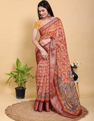 Cream printed art silk designer pallu saree 1