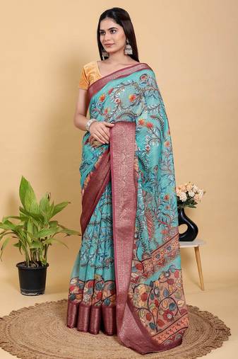 Light sky blue printed art silk designer pallu saree