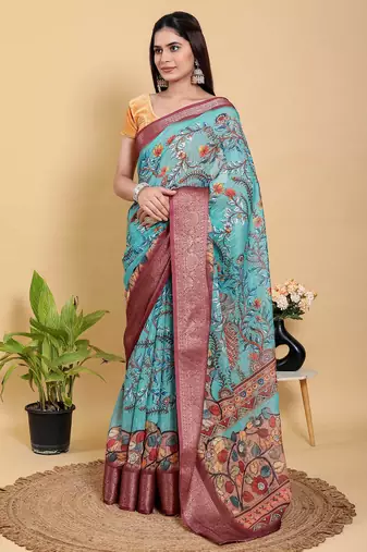 Light sky blue printed art silk designer pallu saree