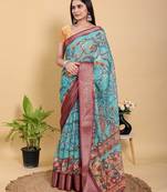 Light sky blue printed art silk designer pallu saree