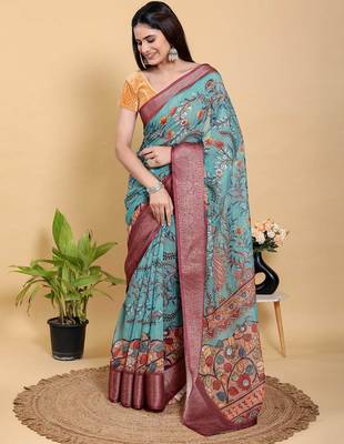 Light sky blue printed art silk designer pallu saree 2