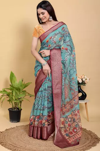 Light sky blue printed art silk designer pallu saree