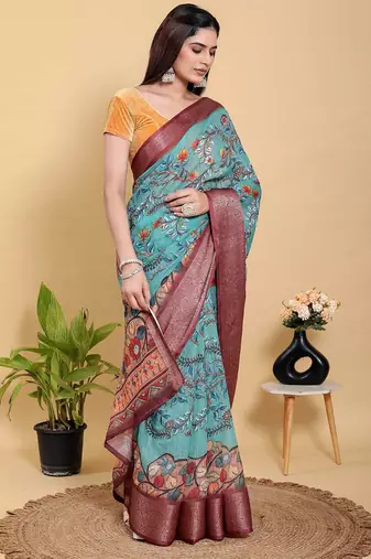 Light sky blue printed art silk designer pallu saree
