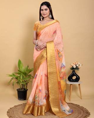 Peach printed art silk designer pallu saree 1