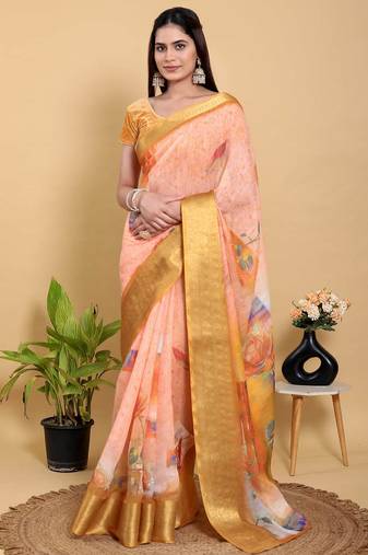 Peach printed art silk designer pallu saree
