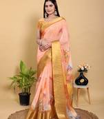 Peach printed art silk designer pallu saree