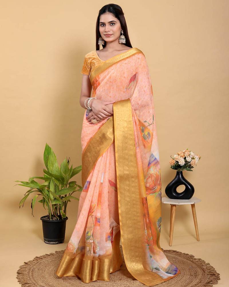 Peach printed art silk designer pallu saree