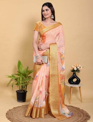 Peach printed art silk designer pallu saree 2