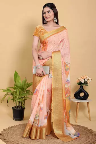 Peach printed art silk designer pallu saree