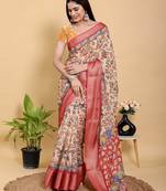 Peach printed art silk designer pallu saree