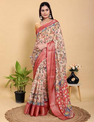 Peach printed art silk designer pallu saree 2