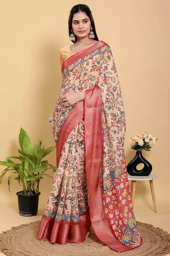 Peach printed art silk designer pallu saree